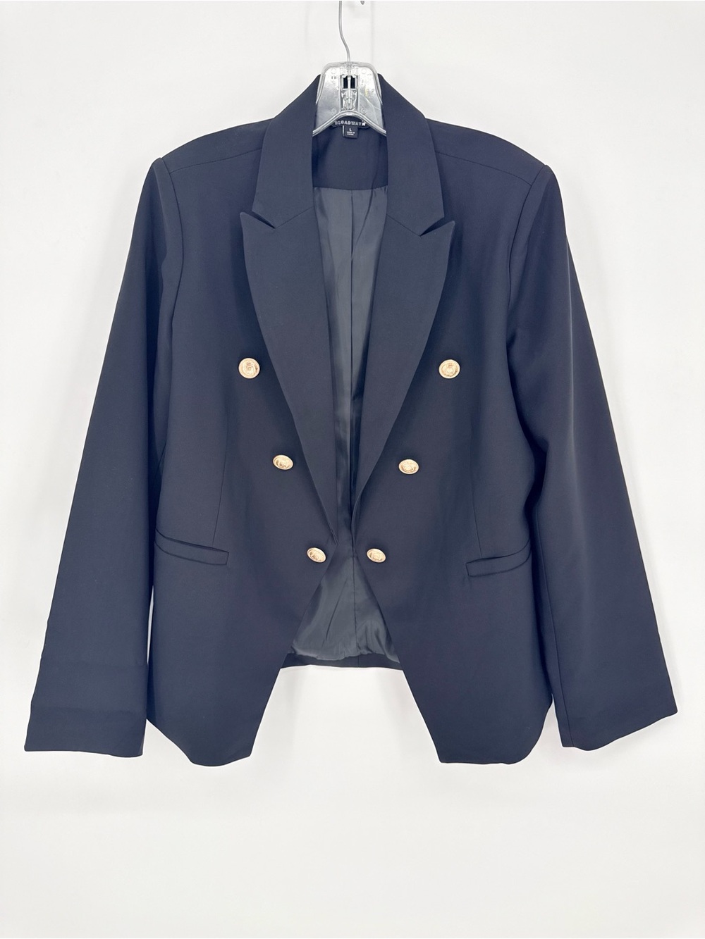 Double Breasted Black Blazer Gold Crest Button Jacket Womens Large Classiccore